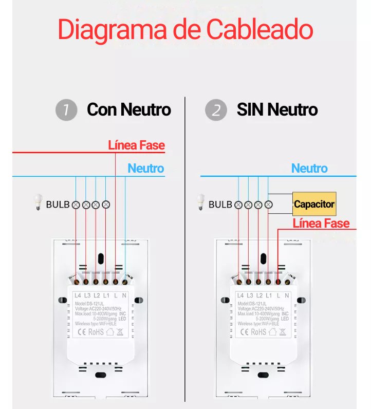 Interruptor de Luz Inteligente - 4 Botones WiFi + Bluetooth - Blanco