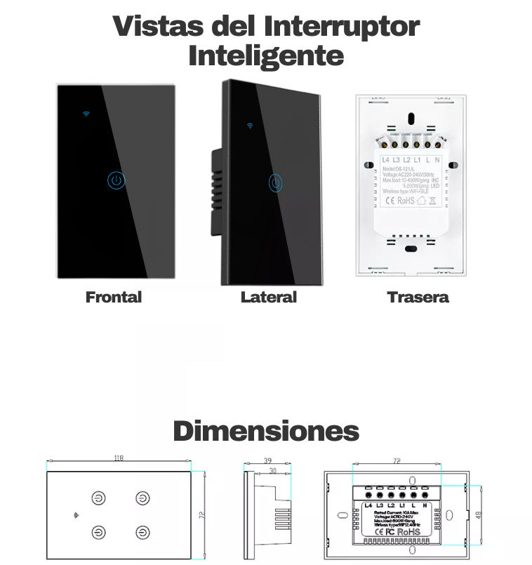 Interruptor de Luz Inteligente Color Negro de 1 Apagador, Vistas Frontal, Lateral y Posterior