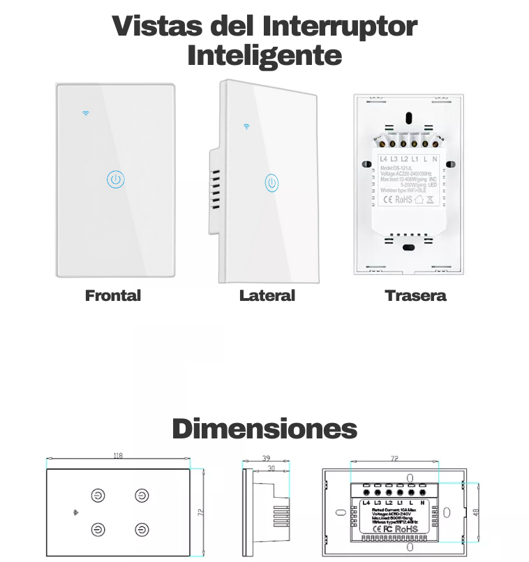 Interruptor de Luz Inteligente Color Blanco de 1 Apagador, Vistas Frontal, Lateral y Posterior