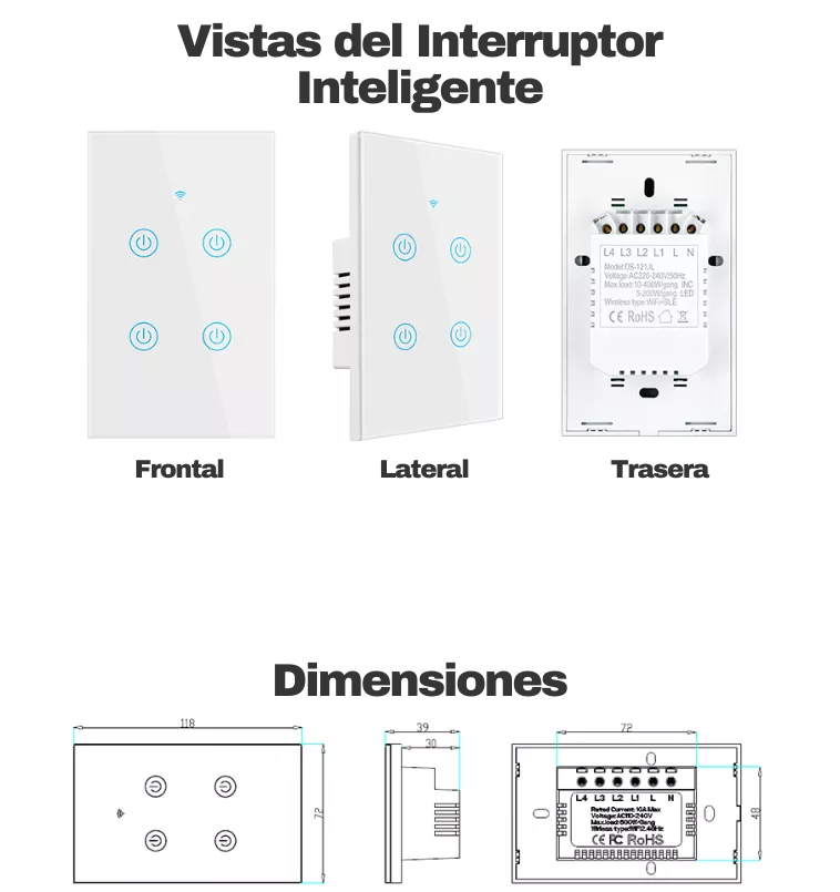 Interruptor de Luz Inteligente - 4 Botones WiFi + Bluetooth - Blanco