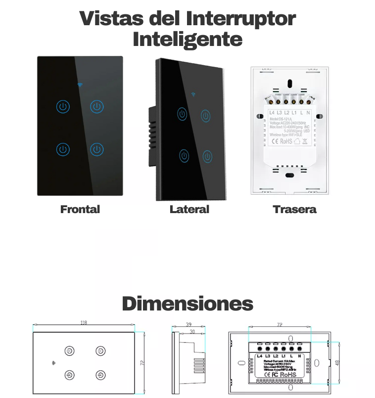 Interruptor de Luz Inteligente - 4 Botones WiFi + Bluetooth - Negro