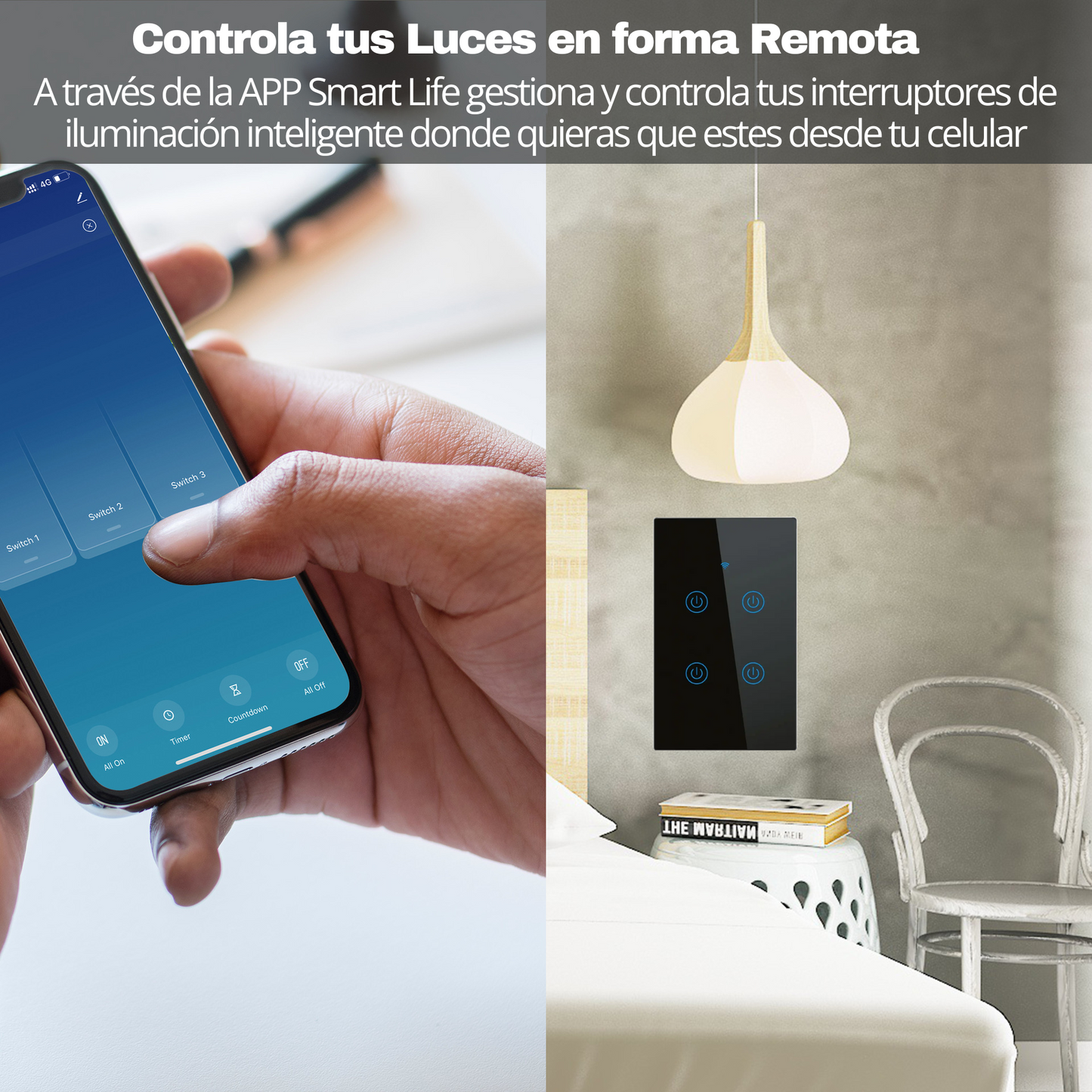 Interruptor de Luz Inteligente - 4 Botones WiFi + Bluetooth - Negro