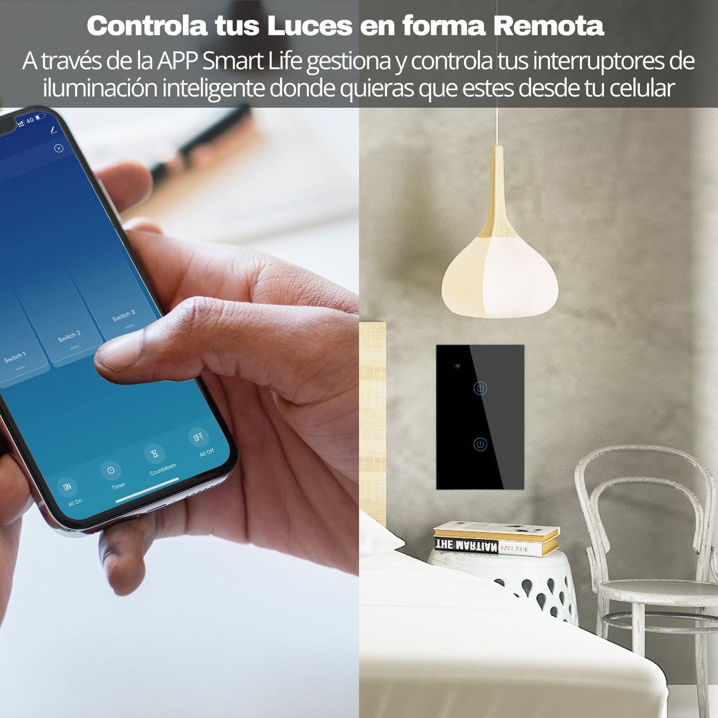 Interruptor de Luz Inteligente Color Negro de 2 Apagadores, Control desde el Celular