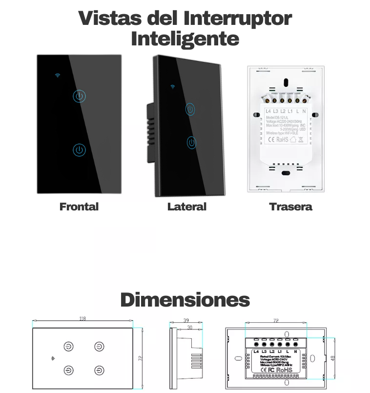 Interruptor de Luz Inteligente Color Negro de 2 Apagadores, Vistas Frontal, Lateral y Posterior