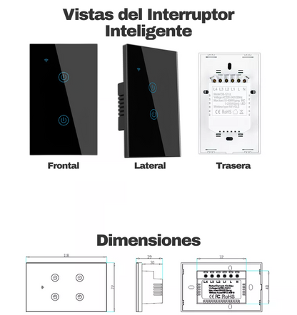 Interruptor de Luz Inteligente Color Negro de 2 Apagadores, Vistas Frontal, Lateral y Posterior