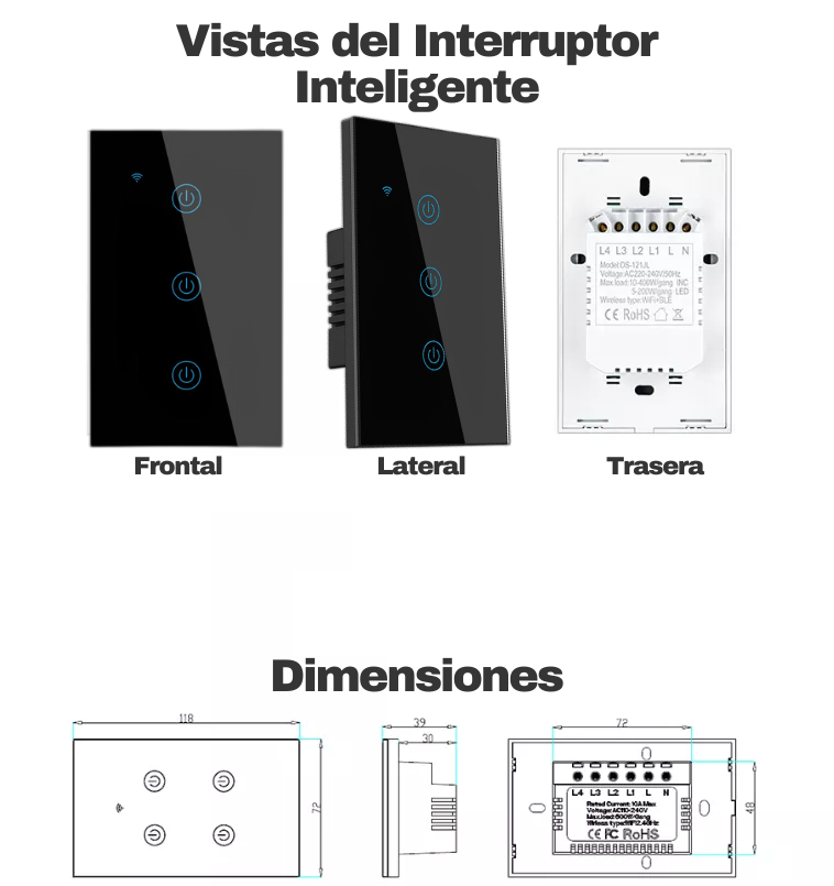 Interruptor de Luz Inteligente Color Negro de 3 Apagadores, Vistas Frontal, Lateral y Posterior