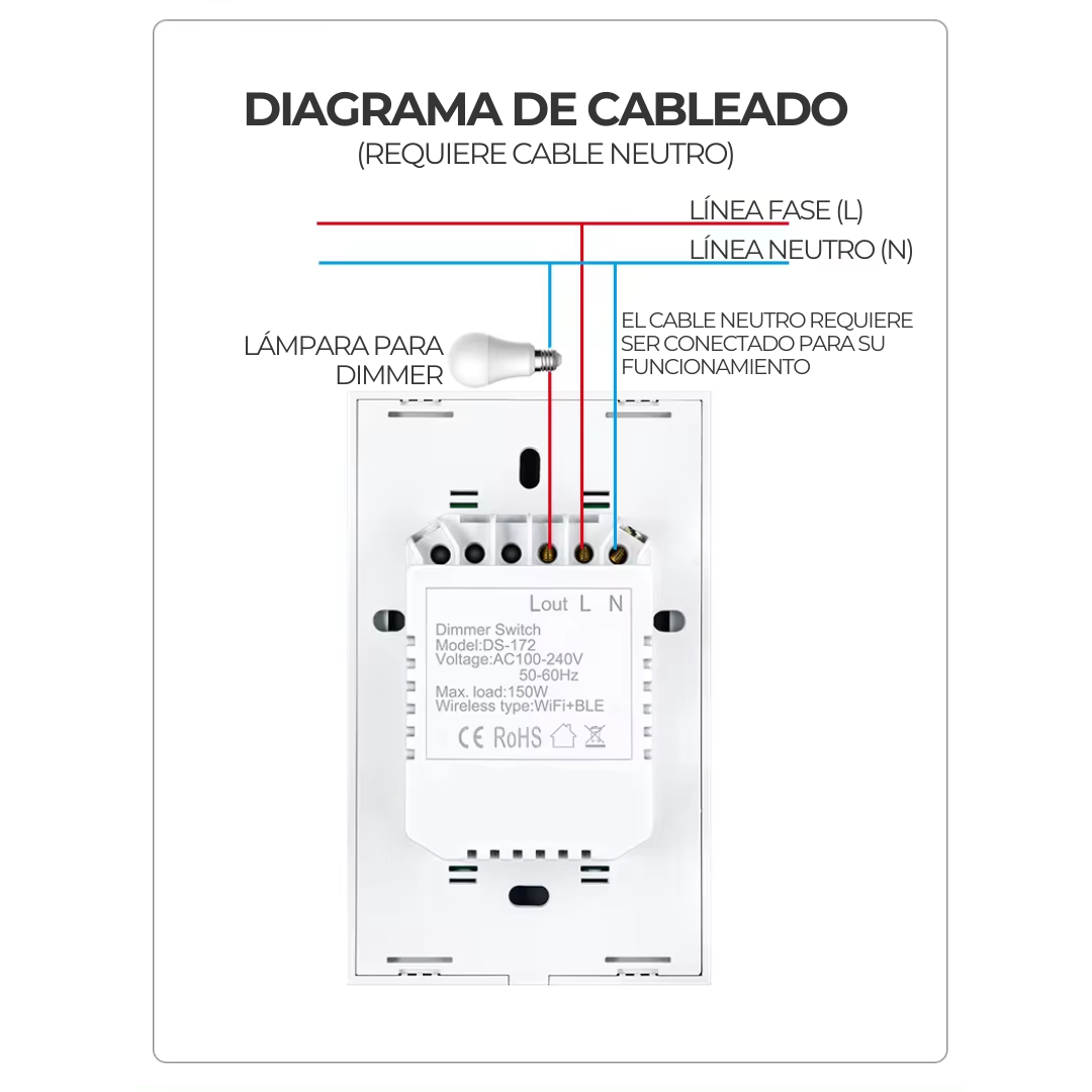 Interruptor de Luz Inteligente - 1 Botón con Dimmer - WiFi + Bluetooth - Blanco