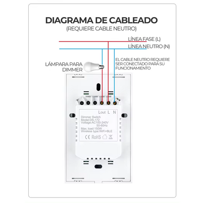 Interruptor de Luz Inteligente - 1 Botón con Dimmer - WiFi + Bluetooth - Blanco