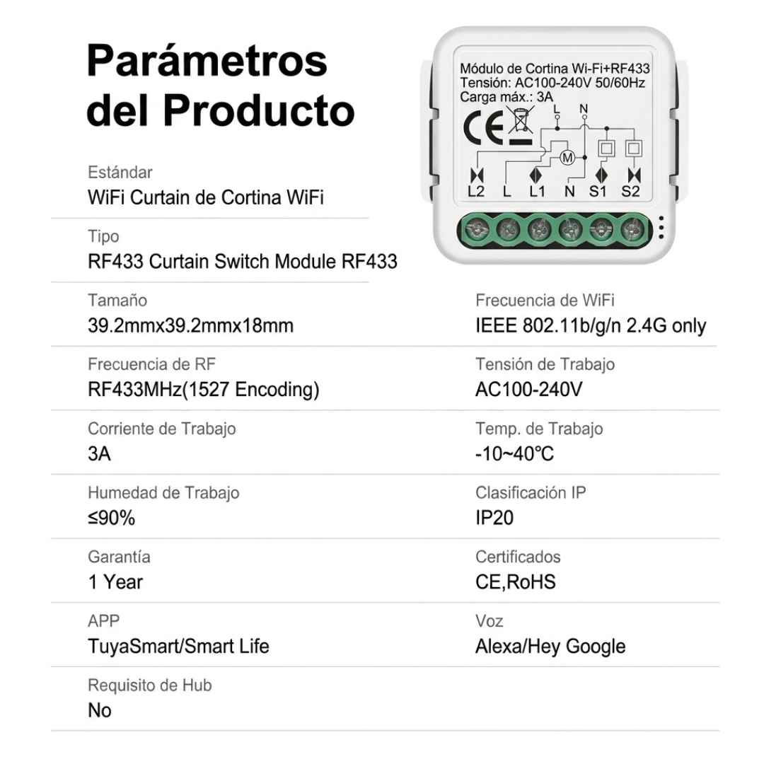 Módulo Inteligente WiFi+RF433 para Cortinas