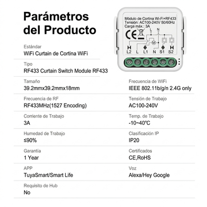 Módulo Inteligente WiFi+RF433 para Cortinas
