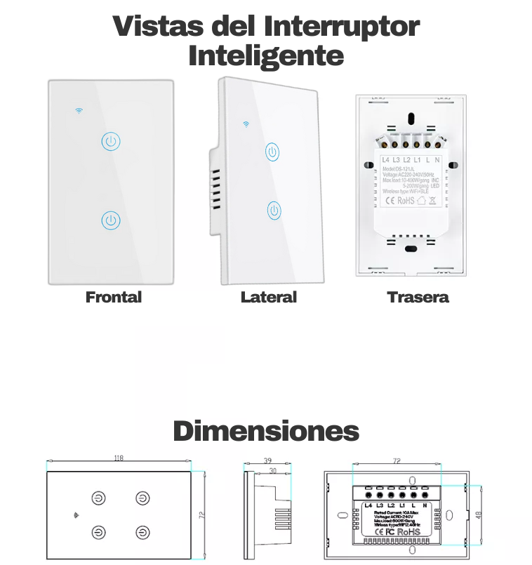 Interruptor de Luz Inteligente Color Blanco de 2 Apagadores, Vistas Frontal, Lateral y Posterior