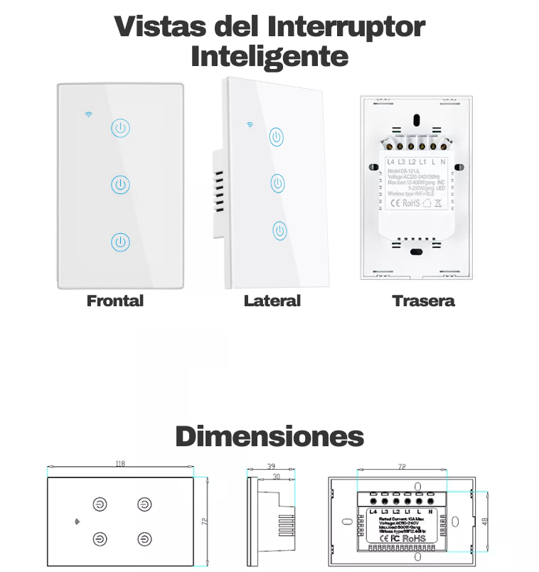 Interruptor de Luz Inteligente Color Blanco de 3 Apagadores, Vistas Frontal, Lateral y Posterior