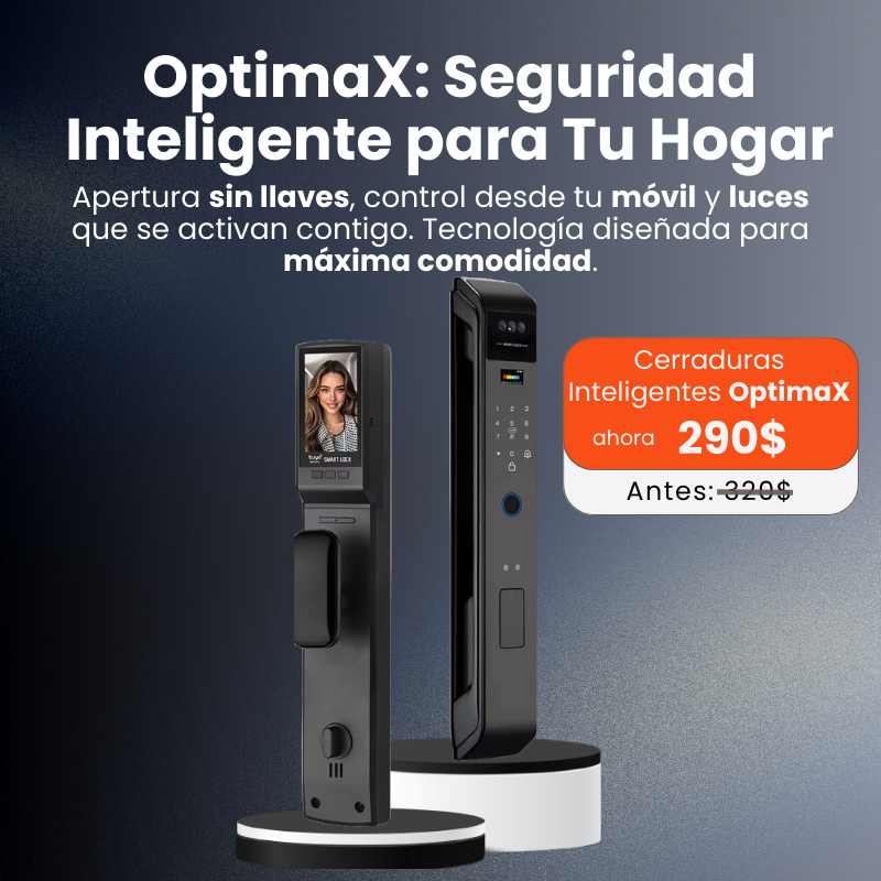 Cerradura inteligente OptimaX con reconocimiento facial 3D integrando ecosistema de domótica, luces y cámaras.